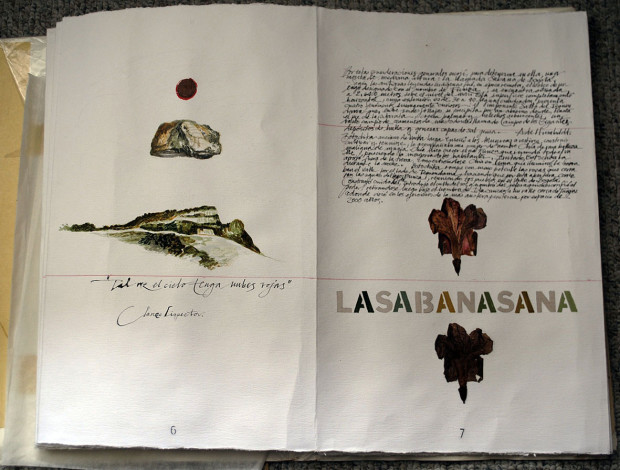 Travel journal with maps, quotes, drawings about the landscape of the sabana. 50 cm x 500 cm handmade accordion book